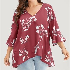 NWT Bloom Chic Floral Asymmetrical Hem Blouse, red and white, size 1X